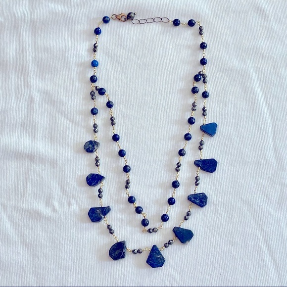 Pretty Goldtone Two-Strand Beaded Necklace with Blue Stones and Beads - Picture 6 of 10